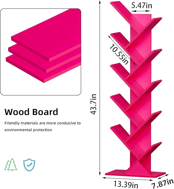 10 Tier Tree Book Shelf, Floor Standing Wood Bookshelf for Narrow Space, Storage Organizer Bookshelves for Books/CDs/Magazine, Bookcase with Shelves for Home Office, Living Room - Pink - LeafyLoom