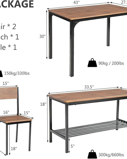 LDAILY Moccha Dining Table Set for 4, Wooden Kitchen Table with with 2 Chairs and a Long Bench, Modern 4-Piece Dinette with Metal Frame & Storage Rack, Space-Saving Table Set for Dining Room, Teak - LeafyLoom