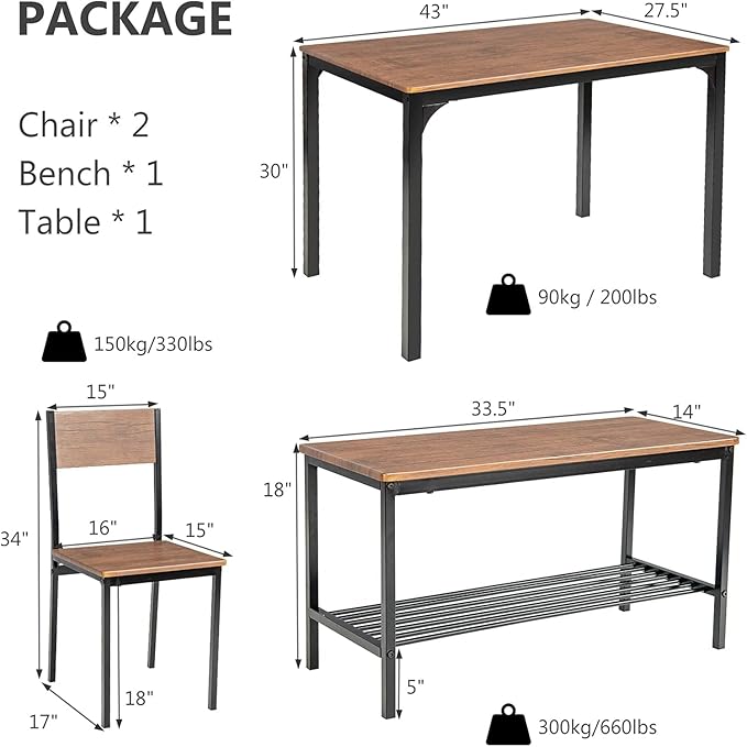 LDAILY Moccha Dining Table Set for 4, Wooden Kitchen Table with with 2 Chairs and a Long Bench, Modern 4-Piece Dinette with Metal Frame & Storage Rack, Space-Saving Table Set for Dining Room, Teak - LeafyLoom