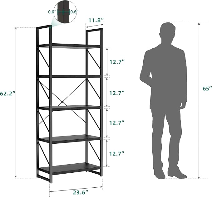 YITAHOME 5-Tier Bookshelf, Freestanding Black Book Shelf, Modern Minimalist Open Display Storage Book Shelves Standing Shelving Unit for Living Room Bedroom Home Office, Black - LeafyLoom