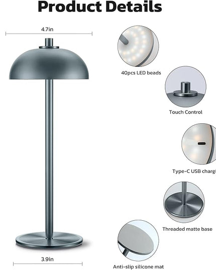 Rechargeable Cordless Table Lamp 2 Pack - 5000mAh Battery Powered Lamp, 3 Color Stepless Dimming LED Table Light with Memory Function for Indoor, Outdoor, Dinner, Patio, Cafe.(Grey) - LeafyLoom