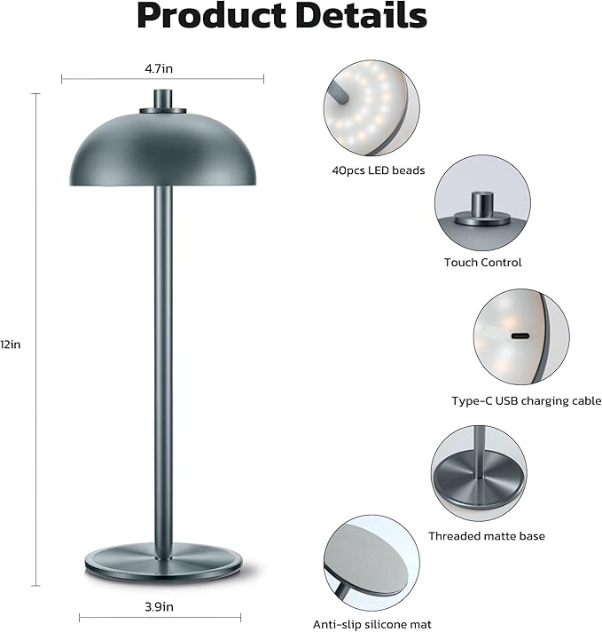 Rechargeable Cordless Table Lamp 2 Pack - 5000mAh Battery Powered Lamp, 3 Color Stepless Dimming LED Table Light with Memory Function for Indoor, Outdoor, Dinner, Patio, Cafe.(Grey) - LeafyLoom