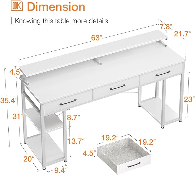 ODK Computer Desk with Drawers and Storage Shelves, 63 inch Home Office Desk with Monitor Stand, Modern Work Study Writing Table Desk for Small Spaces, White + White leg - LeafyLoom