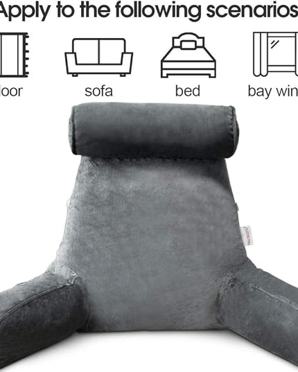 Shredded Foam Reading Pillow with Detachable Neck Roll & Big Bed Backrest Pillow for Bed with Arms and Side Pocket - Perfect for Back Support While Relaxing, Gaming,or Reading - LeafyLoom