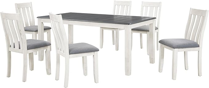 Retro Style 7-Piece Dining Set with Solid Wood Extendable Table and 6 Upholstered Chairs, for Kitchen, Living Room, Home Bar, Easy to Assemble, Gray+White - LeafyLoom