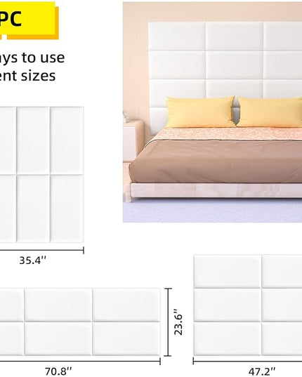 Peel and Stick Headboard for Twin and king in White Headboard panels for wall, 3D Anti-Collision Wall Panel, Self-Adhesive Bedroom/Living Room Upholstered Wall Panel (6 Panels/11.8" x 23.6") - LeafyLoom