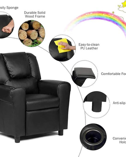ARLIME Kids Recliner chair, toddler Armchair Upholstered Couch with Cup Holder, Backrest, baby Leather sofa with Headrest and Footrest, Child Furniture for Ages 2-7 (Black) - LeafyLoom