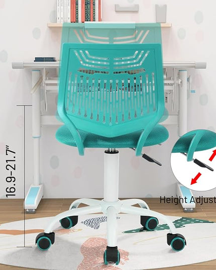 FurnitureR Desk Chair Armless Home Office Task Chair with Mesh Padded Cushion Swivel Study Chair with Rolling Wheels for Kids Teens Children, Turquoise - LeafyLoom