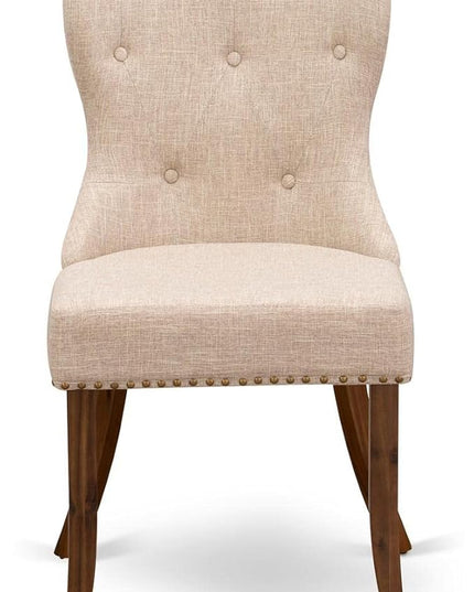 East West Furniture SIP8T04 Sion Parsons Dining Button Tufted Nailhead Trim Light Tan Linen Fabric Upholstered Chairs, Set of 2, Walnut - LeafyLoom