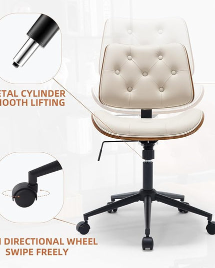 Armless Home Office Chair Modern Walnut Chair with Wheels Mid Back Swivel Computer Chair No arm Adjustable Height Leather Desk Chair for Reading,Meeting Room (Beige) - LeafyLoom