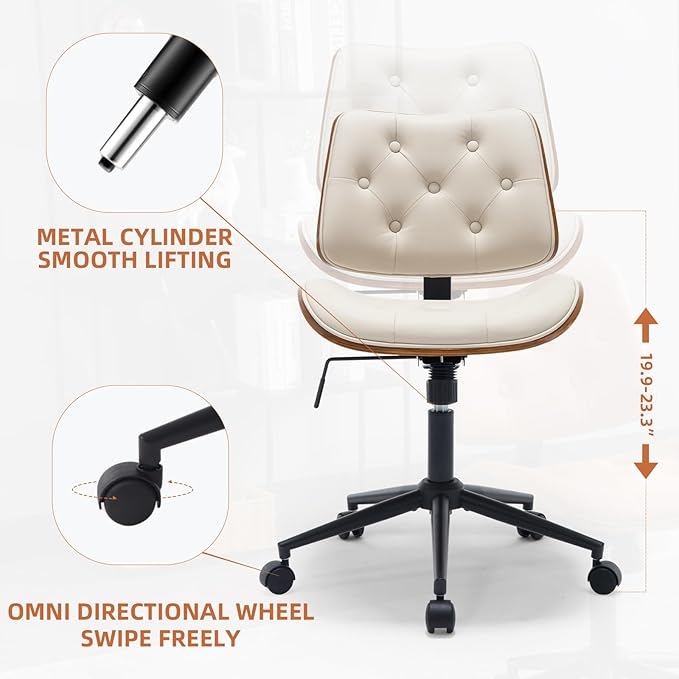 Armless Home Office Chair Modern Walnut Chair with Wheels Mid Back Swivel Computer Chair No arm Adjustable Height Leather Desk Chair for Reading,Meeting Room (Beige) - LeafyLoom