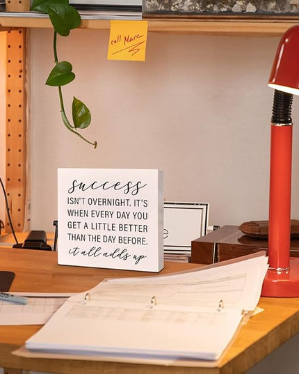 Home Office Desk Wooden Box Sign Decor, Success Isn't Overnight, Inspirational Quotes Desk Decor Motivational Desk Decorations for Women Men Student Office Classroom School - LeafyLoom