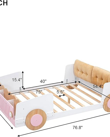 Full size Car-Shaped Platform Bed with Soft Cushion,Wooden Car Bedframe W/Footboard in-Build Shelves,Easy Assembly,Fun Play Design,Bedroom Furniture for Boys Girls Kids Toddlers Teens,White - LeafyLoom