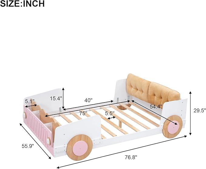 Full size Car-Shaped Platform Bed with Soft Cushion,Wooden Car Bedframe W/Footboard in-Build Shelves,Easy Assembly,Fun Play Design,Bedroom Furniture for Boys Girls Kids Toddlers Teens,White - LeafyLoom