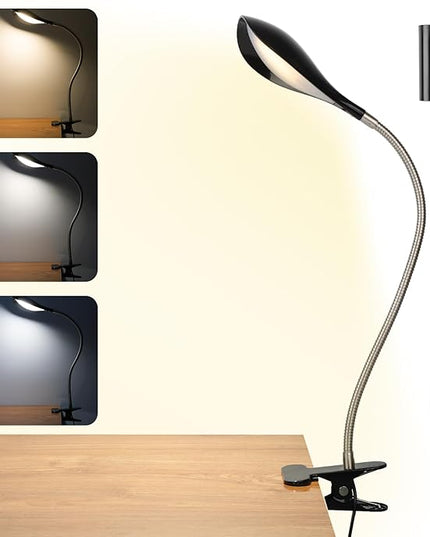 Desk lamp Eye-Caring Table Lamps, 360°Rotation Gooseneck Clip on Lamp Reading Light, Portable Reading Book Light, Clamp Light, Study Desk Lamps for Bedroom and Office Home Lighting (Black-C02) - LeafyLoom