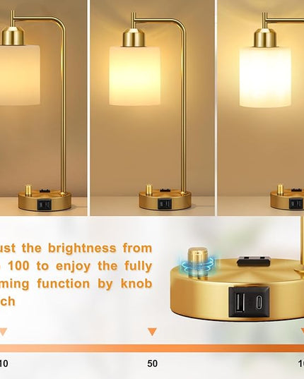 Innqoo Gold Lamp for Bedroom - Industrial Bedside Table Lamp with USB Port and Outlet, Fully Dimmable Nightstand Lamp with Opal Glass Shade, Small Desk Lamps for Home Office - LeafyLoom