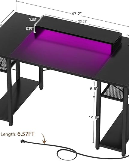 armocity Computer Desk with LED Lights, 48 Inch Reversible Large Desk with Power Outlet and USB, 48'' Gaming PC Table with Moveable Monitor Stand for Home Office, Workstation, Black - LeafyLoom