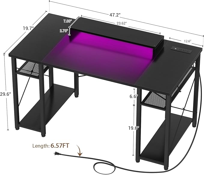 armocity Computer Desk with LED Lights, 48 Inch Reversible Large Desk with Power Outlet and USB, 48'' Gaming PC Table with Moveable Monitor Stand for Home Office, Workstation, Black - LeafyLoom