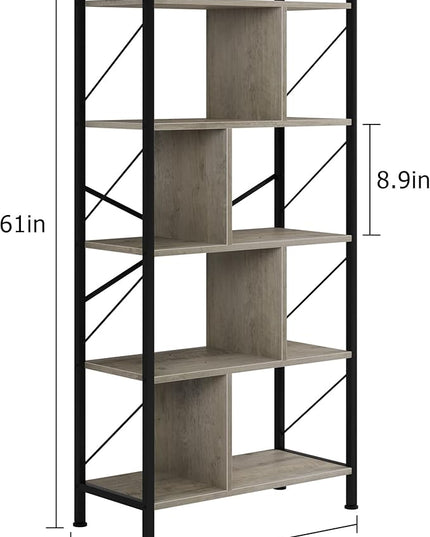 5 Tier Bookshelf with Storage, 61 Inch Tall Industrial Book Shelf with Open Display Bookshelves, 5 Shelf Bookcase with Metal Frame for Living Room, Bedroom and Home Office-Grey - LeafyLoom