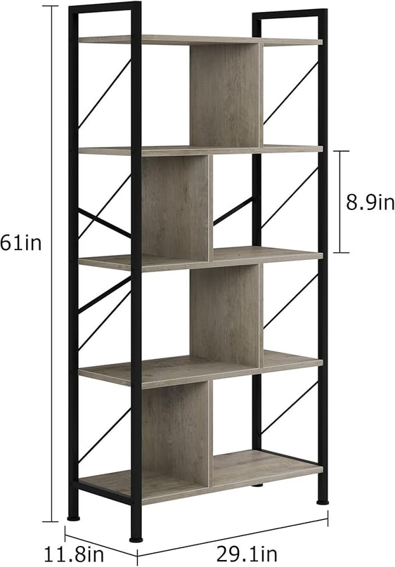 5 Tier Bookshelf with Storage, 61 Inch Tall Industrial Book Shelf with Open Display Bookshelves, 5 Shelf Bookcase with Metal Frame for Living Room, Bedroom and Home Office-Grey - LeafyLoom