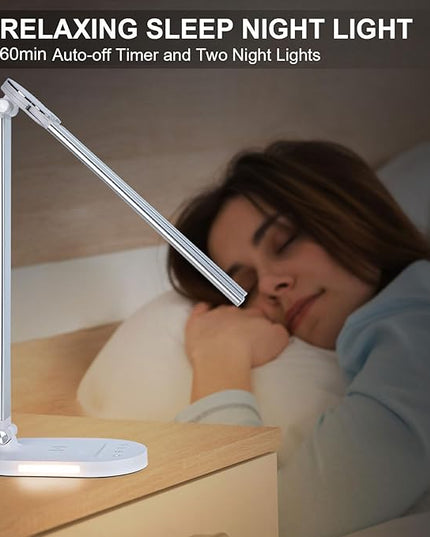 Lightess LED Desk Lamp with Wireless Charger, USB Charging Port - Dual Swing Arm Dimmable LED Desk Light with Night Light, Foldable Desk Lamp, Touch Control Table Lamp for College Dorm Room Bedroom - LeafyLoom