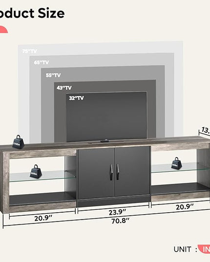 Bestier 70 Inch Led TV Stand for 75 Inch TV Large Entertainment Center Gaming with Adjustable Glass Shelves Two Cabinets Modern TV Console for Living Room 22 RGB Modes, Wash Gray - LeafyLoom