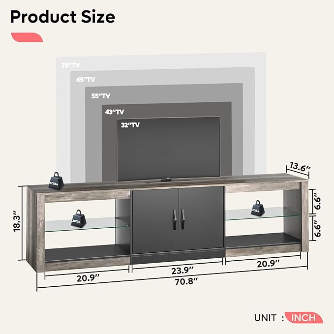 Bestier 70 Inch Led TV Stand for 75 Inch TV Large Entertainment Center Gaming with Adjustable Glass Shelves Two Cabinets Modern TV Console for Living Room 22 RGB Modes, Wash Gray - LeafyLoom