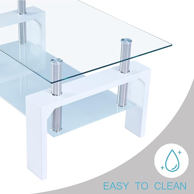 Living Room Rectangle Coffee Table, Tea Table Suitable for Waiting Room, Modern Side Coffee Table with Wooden Leg, Glass Tabletop with Lower Shelf, 39.5*23.5*17.5 inches , White - LeafyLoom