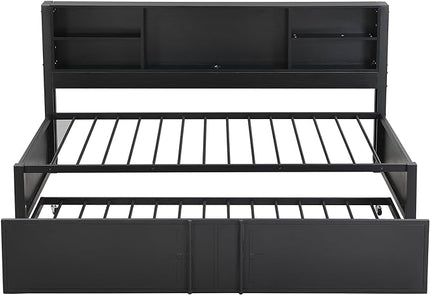 Metal Twin Size Daybed with Twin-Size Trundle, Storage Shelves and USB Ports, BookcaseMetal-Slats Support,No Box Spring Required,for Bedroom/Apartment/Guest-Room,Black - LeafyLoom
