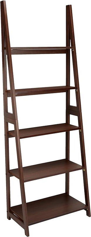 Amazon Basics Modern 5-Tier Ladder Bookshelf Organizer, Solid Rubberwood Frame, Walnut Finish, 14" D x 24.8" W x 70.1" H - LeafyLoom