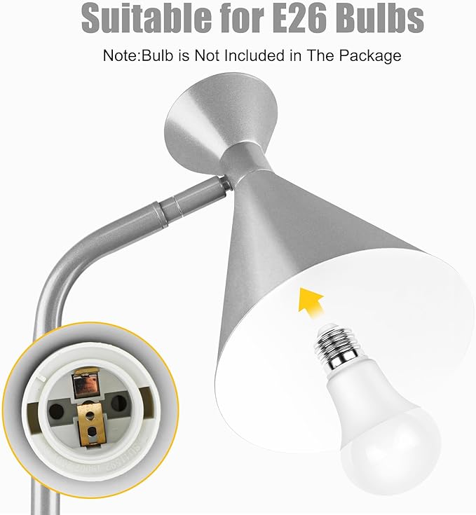 PARTPHONER Floor Lamp for Living Room, Modern Adjustable Metal Heads Standing Lamps, Simple Design Silver Floor Lamp with Foot Switch for Bedroom, Office, Kids Room, Reading, Working(Bulb Not Include) - LeafyLoom