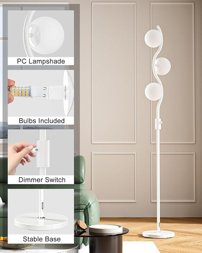 Lightdot 60IN Dimmable (Brightness Adjustable) White Floor Lamp, Mid Century Standing Lamps with 3 Globe Soft Warm White Eye Care 3000K Bulbs Included, Modern Tall Lamp for Bedroom Office - LeafyLoom