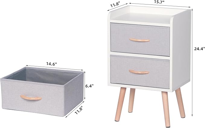 LUCKNOCK NightStand with 2 Fabric Drawers, Bedside Table with Solid Wood Legs, Minimalist and Practical End Side Table for Bedroom, White. - LeafyLoom