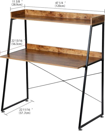 DESIGNA 48 Inch Ladder Desk with Storage Shelves, 2-Tier Home Office Students Study Writing PC Computer Gaming Table with Bookshelf Modern Workstation for Small Space Saving, Metal Frame, Rustic Brown - LeafyLoom