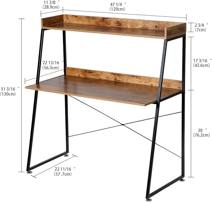 DESIGNA 48 Inch Ladder Desk with Storage Shelves, 2-Tier Home Office Students Study Writing PC Computer Gaming Table with Bookshelf Modern Workstation for Small Space Saving, Metal Frame, Rustic Brown - LeafyLoom