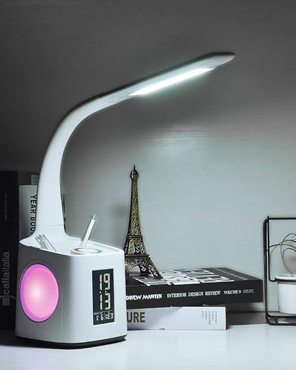 Donewin LED Desk Lamp with USB Charging Port&Pen Holder, Study Light with Clock, Kawaii Desk Accessories, Study Lamp for Kids/Girls/Boys,Desk Light for Office/Reading, Colorful Night Light,10W - LeafyLoom