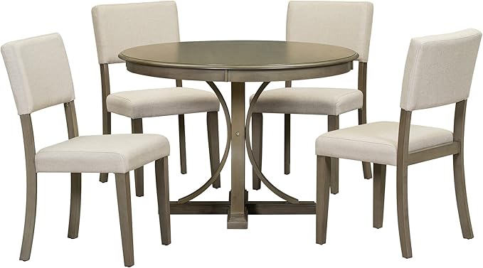 NicBex Kitchen Table Chairs Set of 4 Dining Table Set 5-Piece Retro Round Dining Table Set with Curved Trestle Style Table Legs and 4 Upholstered Chairs for Dining Room, Taupe - LeafyLoom