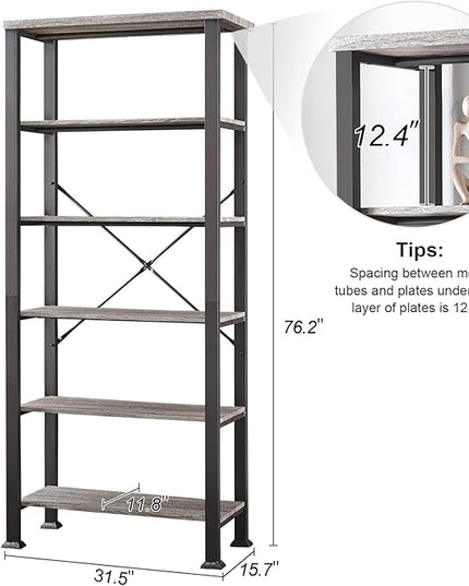 HOMBAZAAR Bookshelf, 6-Tier Vintage Industrial Book Shelf, Rustic Wood and Metal Bookcase and Bookshelves, Free Standing Storage Large Bookshelf for Living Room, Bedroom and Kitchen, Grey Oak - LeafyLoom