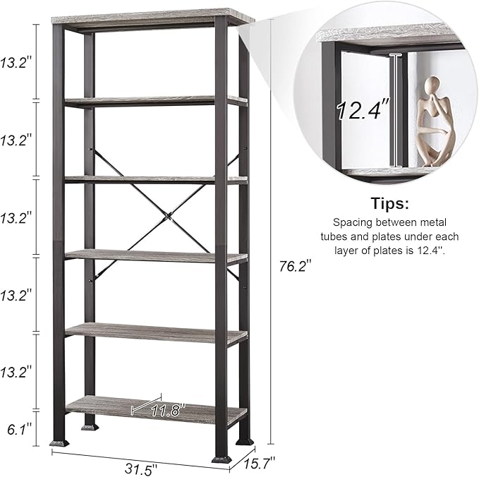 HOMBAZAAR Bookshelf, 6-Tier Vintage Industrial Book Shelf, Rustic Wood and Metal Bookcase and Bookshelves, Free Standing Storage Large Bookshelf for Living Room, Bedroom and Kitchen, Grey Oak - LeafyLoom