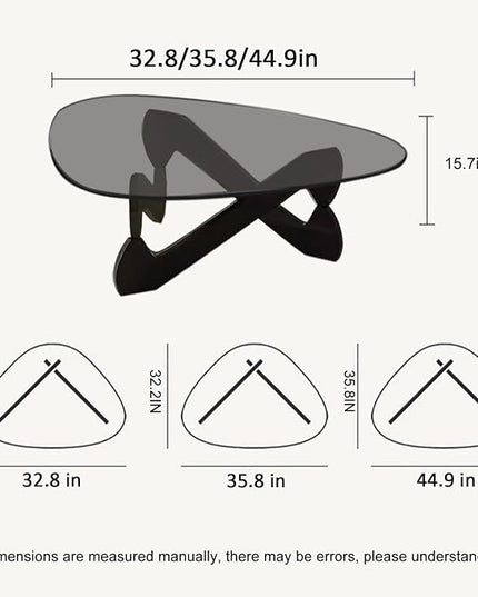 Triangle Coffee Table Glass Coffee Table for Living Room Clear Glass Coffee Table with Solid Wood Base Mid Century Modern Coffee Table for Small Spaces (Black-Gray, 35.8in) - LeafyLoom