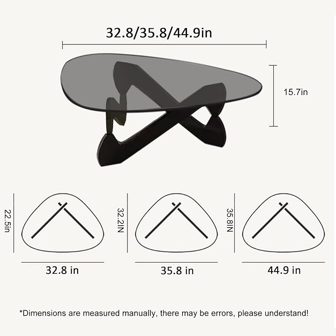 Triangle Coffee Table Glass Coffee Table for Living Room Clear Glass Coffee Table with Solid Wood Base Mid Century Modern Coffee Table for Small Spaces (Black-Gray, 35.8in) - LeafyLoom