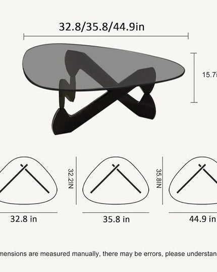 Triangle Coffee Table Glass Coffee Table for Living Room Clear Glass Coffee Table with Solid Wood Base Mid Century Modern Coffee Table for Small Spaces (Black-Gray, 32.3in) - LeafyLoom
