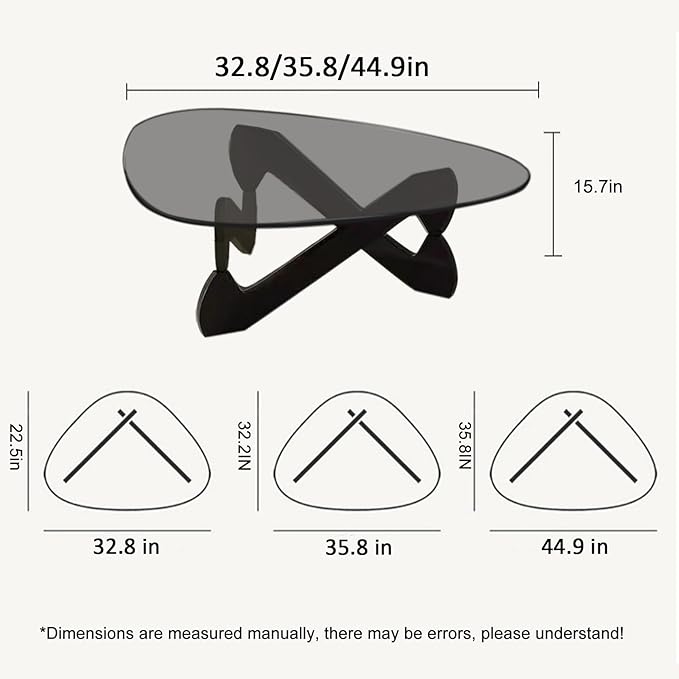 Triangle Coffee Table Glass Coffee Table for Living Room Clear Glass Coffee Table with Solid Wood Base Mid Century Modern Coffee Table for Small Spaces (Black-Gray, 32.3in) - LeafyLoom