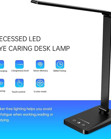 Ambertronix LED Desk Lamp with USB Charging Port, Dimmable Eye-Caring Reading Desk Light for Home, with 5 Brightness Level & 3 Lighting Modes, Touch Control, Auto Timer (Black) - LeafyLoom