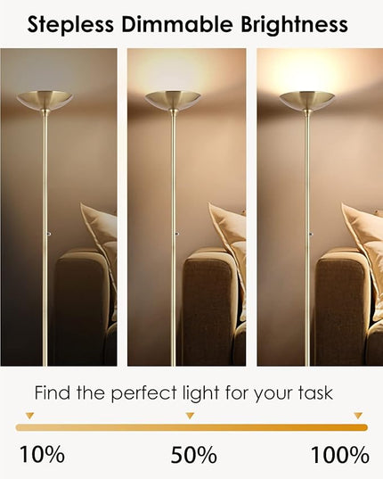 BoostArea Torchiere Floor Lamp Gold, 24W Super Bright LED Standing Lamp, 3000K Stepless Dimmable Pole Lamp with Rotary Switch, 70 Inch Tall Metal Modern Floor Lamps for Living Room/Bedroom/Office/Den - LeafyLoom