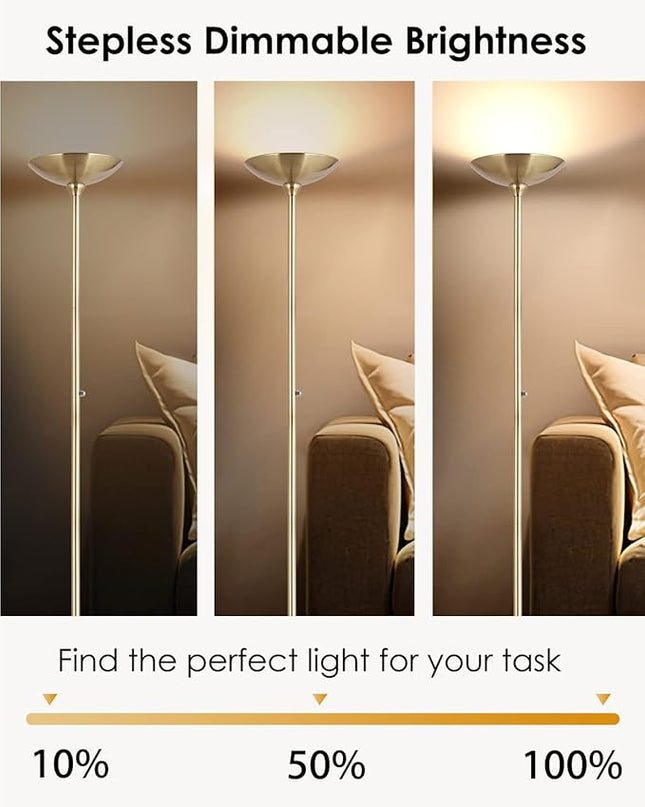 BoostArea Torchiere Floor Lamp Gold, 24W Super Bright LED Standing Lamp, 3000K Stepless Dimmable Pole Lamp with Rotary Switch, 70 Inch Tall Metal Modern Floor Lamps for Living Room/Bedroom/Office/Den - LeafyLoom