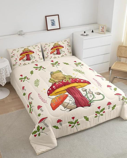 Frog Print Bedding Set Kids Kawaii Decor Comforter Set Frog Mushrooms Comforter Cover Set for Room Decor Botanica Cute Mushroom Decor Beige Red Duvet Set Full Size 3Pcs Quilt Set - LeafyLoom