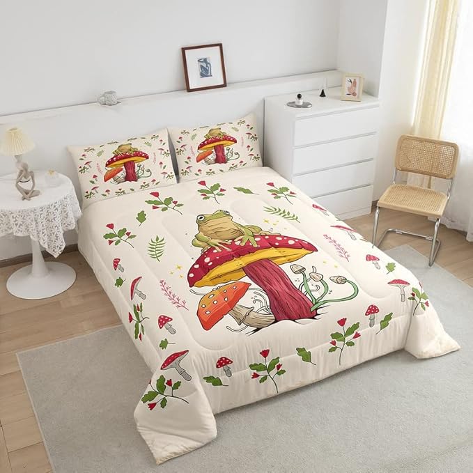 Frog Print Bedding Set Kids Kawaii Decor Comforter Set Frog Mushrooms Comforter Cover Set for Room Decor Botanica Cute Mushroom Decor Beige Red Duvet Set Full Size 3Pcs Quilt Set - LeafyLoom