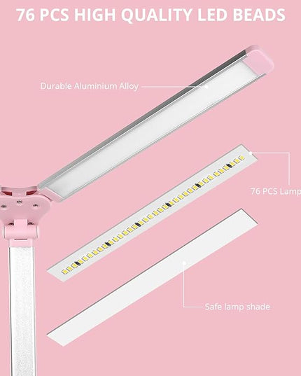 iVict LED Desk Lamp, Adjustable Table Foldable Lamp with USB Charging Port, 25 Lighting Modes, 45-Minute Auto Timer, Dual Swing Arm Desk Light with Pen Holde for Home Office/Study(Pink) - LeafyLoom