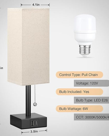Small Linen Bedroom Lamp - 3 Color Temperature 3000K 5000K 4000K Bedside Lamp, Pull Chain Control, USB A and C Charging Ports, Black Base, for Kids Office Dorm, Bulb Included - LeafyLoom